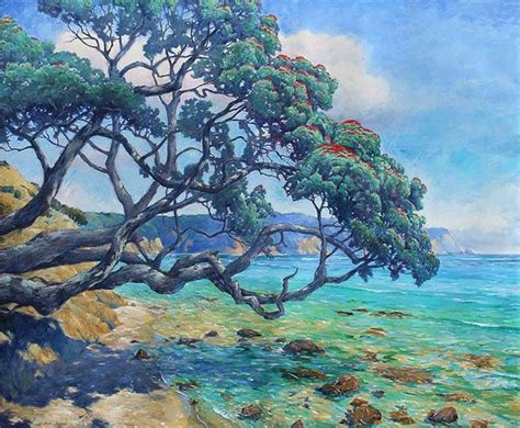 Graham Downs NZ landscape artist, oil on canvas, pohutukawa tree ...