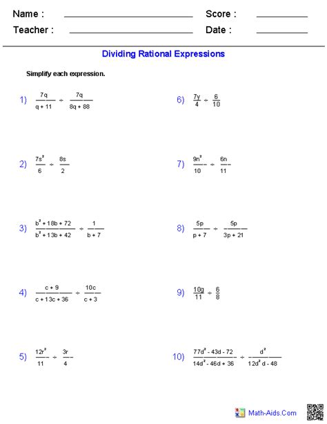 Algebra 1 Worksheets | Rational Expressions Worksheets