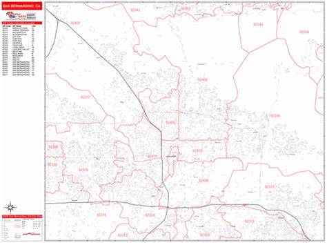 San Bernardino California Zip Code Wall Map (Red Line Style) by MarketMAPS