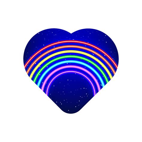 Rainbow icon inside neon colorful heart. Realistic neon multicolored ...