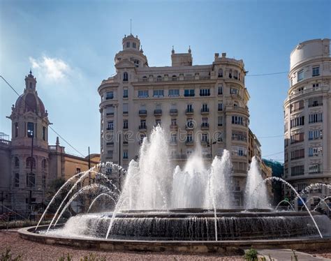 City Hall Plaza Fountain in Valencia Spain on February 24, 2019. Three ...