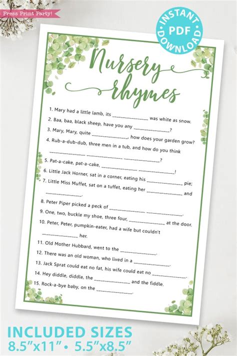 Nursery Rhymes Baby Shower Game, Eucalyptus - Press Print Party!