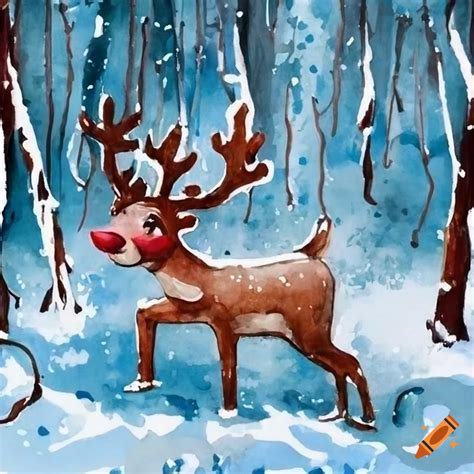 Watercolor christmas card of rudolph in snowy forest on Craiyon