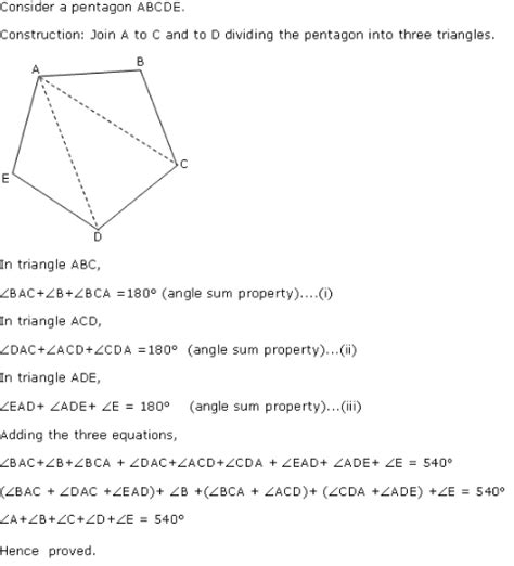 Prove that the sum of all the interior angles of a pentagon is 540^0 ...