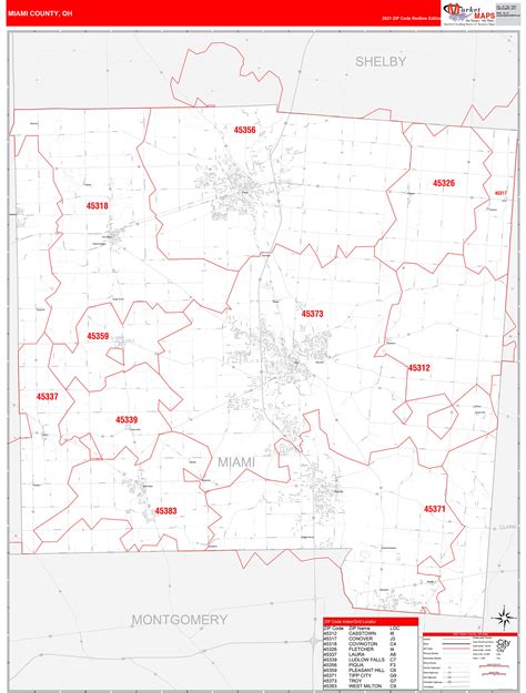 Miami County, OH Zip Code Wall Map Red Line Style by MarketMAPS - MapSales