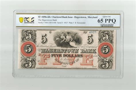 1800 Five 5 Dollar Bill Paper Money Obsolete Remainder Note Hagerstown ...