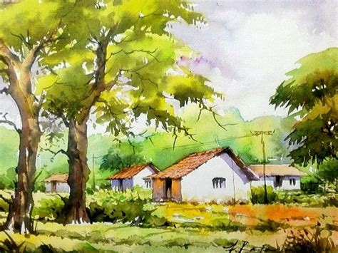 a painting of a house in the middle of a forest with animals walking ...