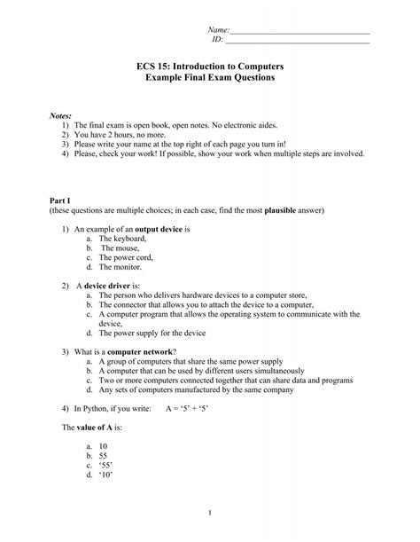 ECS 15: Introduction to Computers Example Final Exam Questions