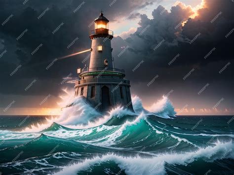 Premium Photo | A lighthouse in the ocean with a stormy sky and the sun ...