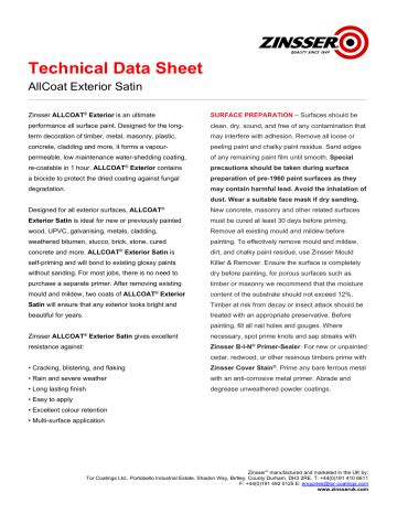 Zinsser AllCoat ® Exterior Satin Technical Data Sheet | Manualzz