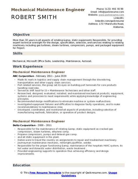 Mechanical Maintenance Engineer Resume Samples | QwikResume