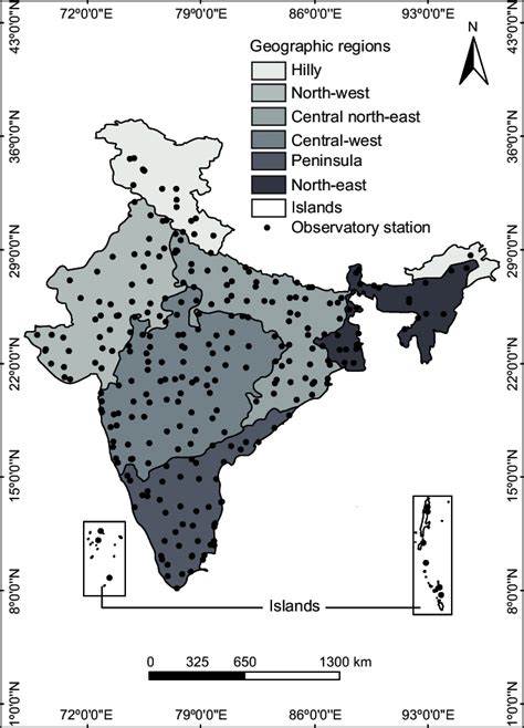 Different geographic regions of India along with the location of ...