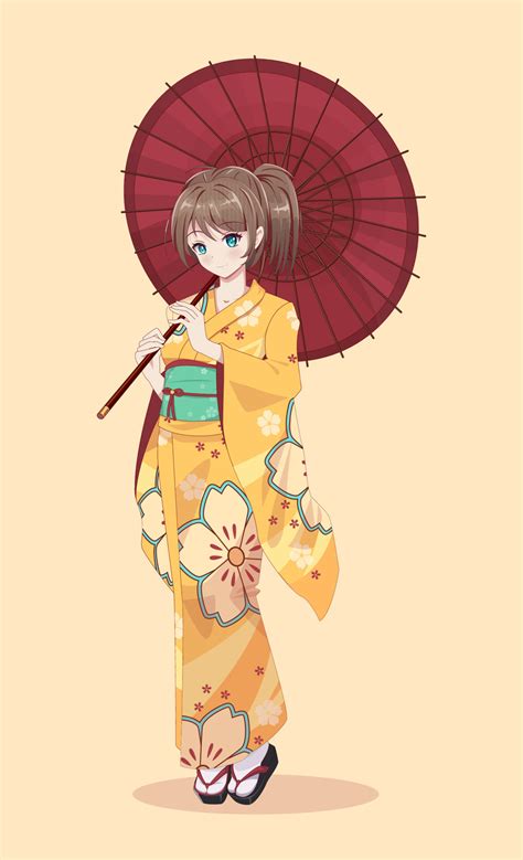 Anime manga girls in traditional Japanese kimono costume holding paper umbrella. Vector ...