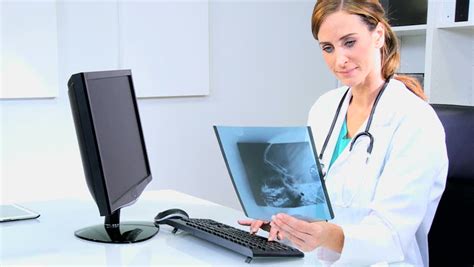 Female Caucasian Hospital Doctor Using Computer Monitor To Access Data On Clinical Trials Stock ...