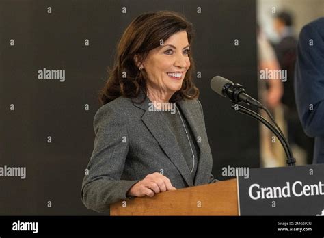 Governor Hochul delivers remarks after arriving at Grand Central Madison in New York on ...