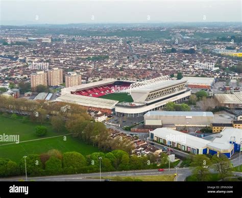 General view from the air of Ashton Gate Stadium at Bristol, UK, home ...