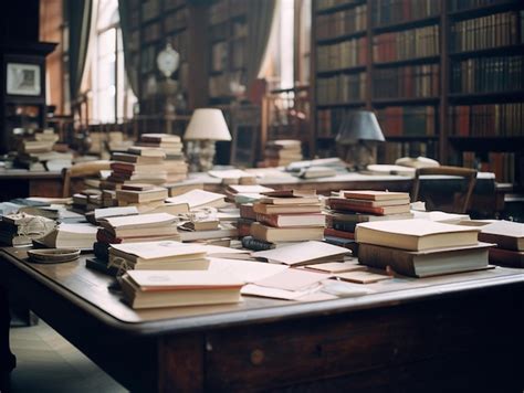 Premium Photo | A large library with many books on the table