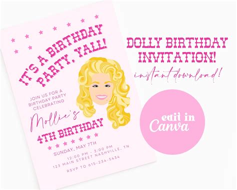 Dolly Parton Birthday Invitation, Nashville Dolly Birthday Invite, Dolly Parton Birthday Party ...