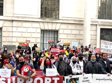 In front of Chinese Embassy in London protesters gather against military dictatorship in Myanmar ...