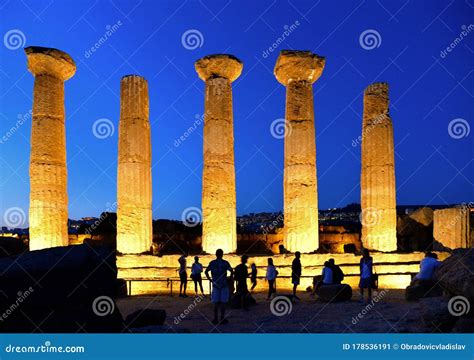 Ruined Temple of Heracles Columns in Famous Ancient Valley of Temples on Blue Hour Sunset in ...