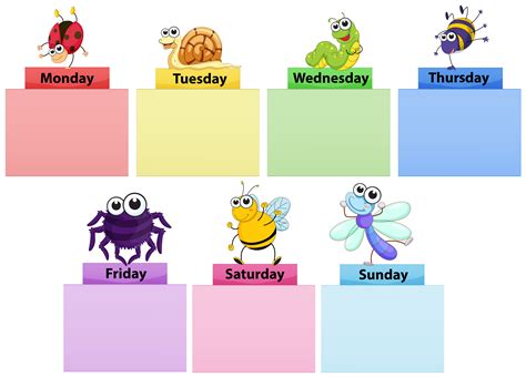 Days of the week banner template with colorful bugs 373555 Vector Art at Vecteezy