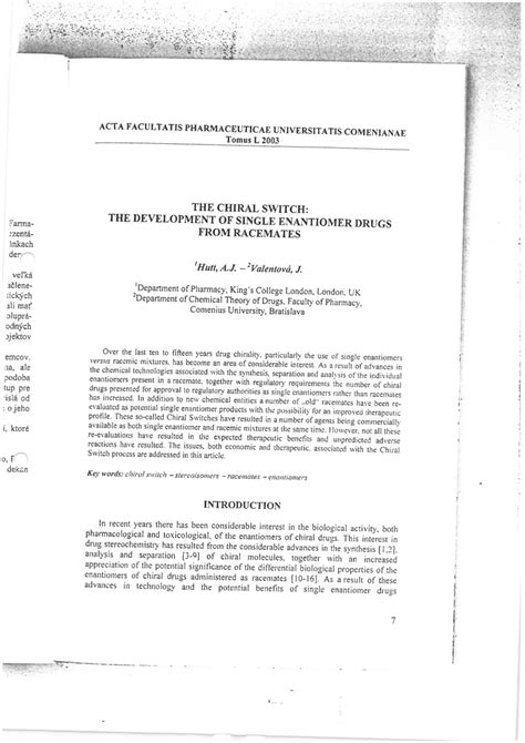 (PDF) Chiral switch: Pure enantiomers of drugs instead of racemic mixtures