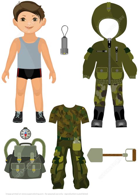 Boy paper doll with clothing and accessories for camping trip free ...