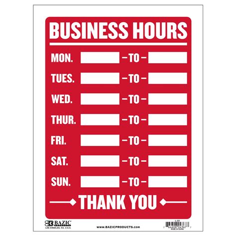 12" X 16" Business Hours Sign - Crown Office Supplies