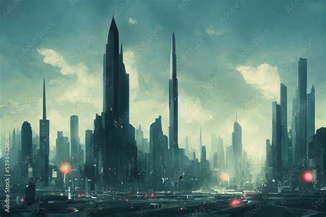 Futuristic city. Concept Art. Cityscape with bright neon lights. 3D ...