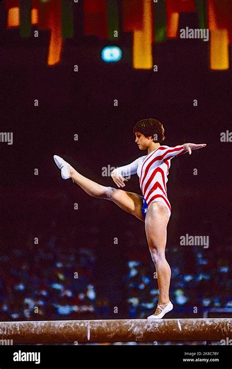 Mary Lou Retton (USA) competes on the balance beam at the 1984 Olympics ...