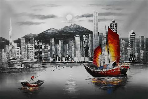 Hand Painted Oil Canvas Painting White and Black Hong Kong's Victoria harbour view Painting Wall ...