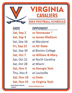 Printable 2023 Virginia Cavaliers Football Schedule