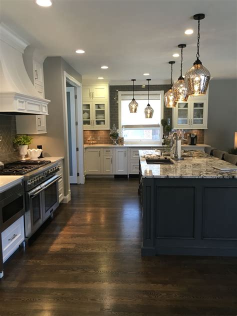 White Cabinets, Granite Island, dark wood floor, gray glazed island ...