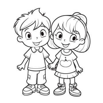 Two Kids Holding Hands Coloring Page Outline Sketch Drawing Vector ...