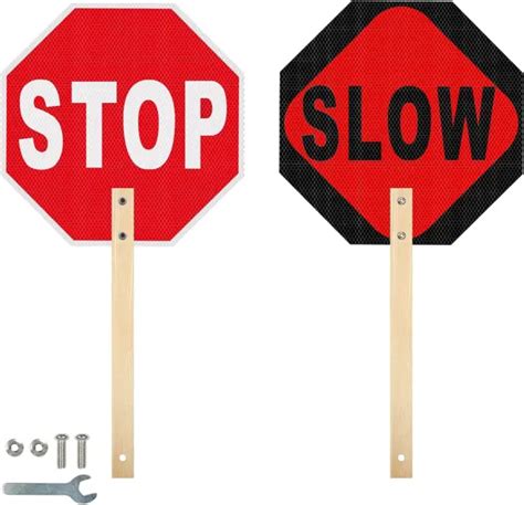 STOP SLOW SIGN Double Sided Street Slow Warning Reflective Signs Bamboo Handle $21.59 - PicClick