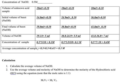 SOLVED: Concentration of NaOH: 0.5M - Calculation Calculate the average volume of NaOH. Use the ...