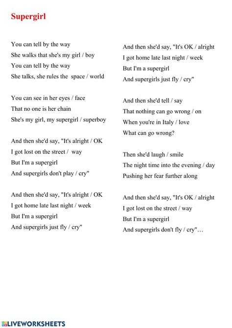 Supergirl song worksheet | English songs for school, Songs, English as ...