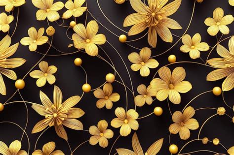 Premium Photo | Decorative background with metallic flowers made of filigree gold wire on black ...