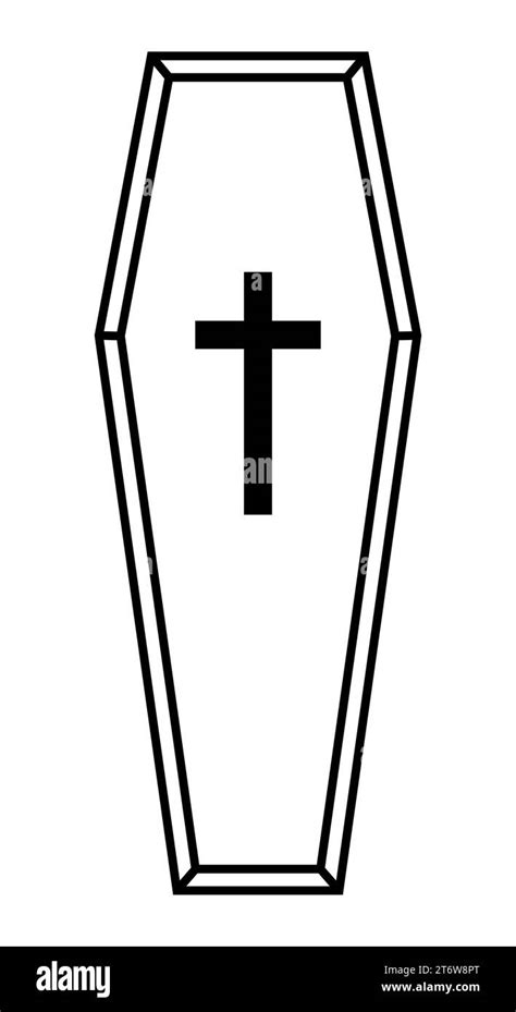 A coffin, black and white vector silhouette illustration of casket funerary box with cross ...