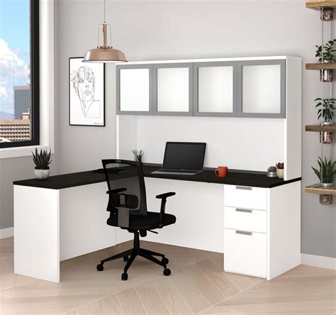 Pro Concept Plus Deep Grey and Black L Desk with Frosted Glass Hutch ...