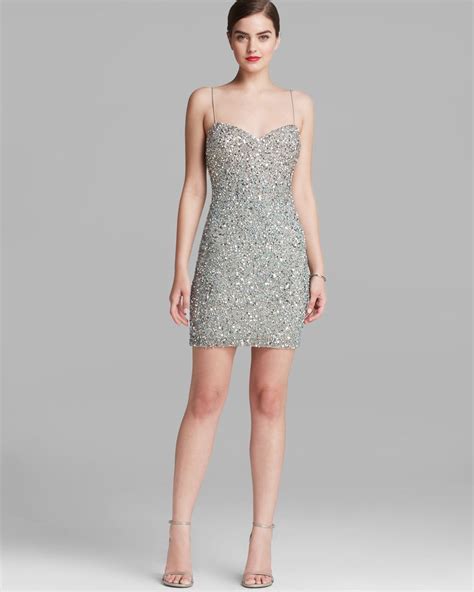 Lyst - Aidan Mattox Dress Spaghetti Strap Allover Beaded Sheath in Gray