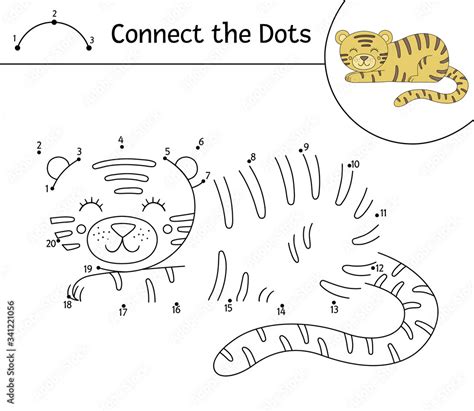 Vector dot-to-dot activity with cute animal. Connect the dots game. Tiger line drawing. Funny ...