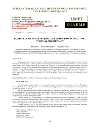 TECHNOLOGIES OF SULPHUR DIOXIDE REDUCTION IN COAL FIRED THERMAL POWER PLANT | PDF