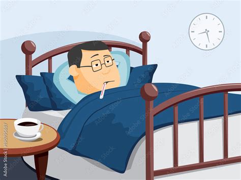 Sick man lies in bed. Headache. Cartoon vector illustration. Stock ...