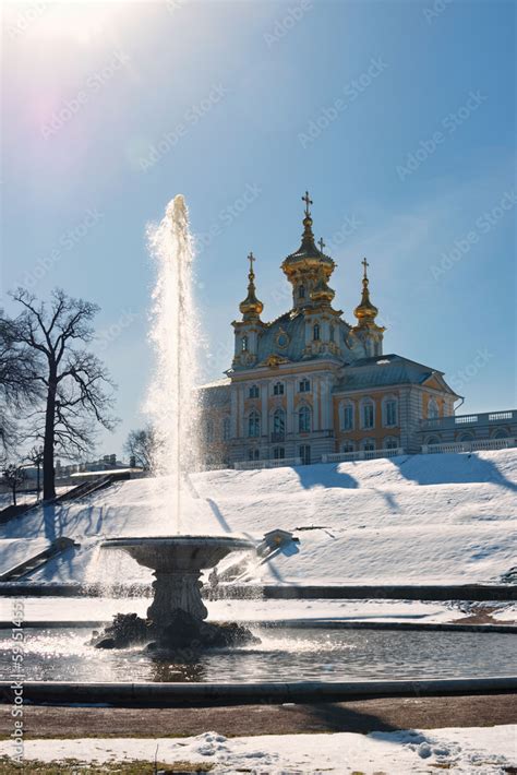 Test launch of fountains in the Peterhof palace and park complex. Snow ...