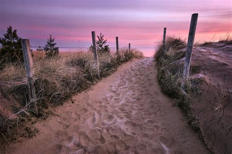 the path to the beach is lined with grass and fence posts, leading into the sunset