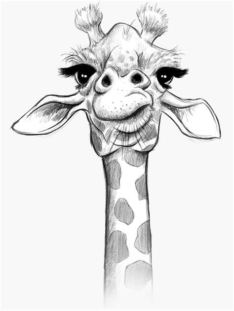 a black and white drawing of a giraffe's head with big eyes