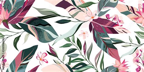 botanic seamless pattern with exotic flowers and leaves, hand drawn background. floral pattern ...