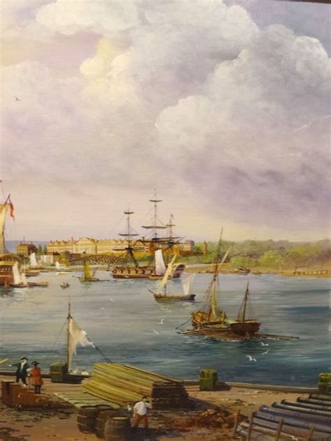 Fine View of 1798 The Gunwharf Portsmouth Dockyard Ships Landscape Oil Painting by E G Burrows