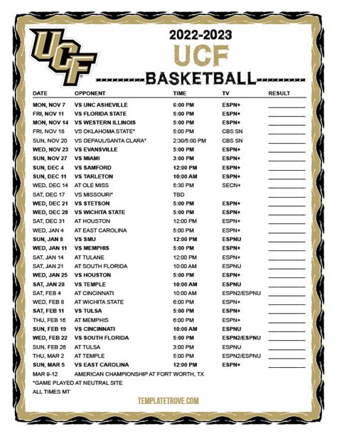 Printable 2022-2023 UCF Knights Basketball Schedule